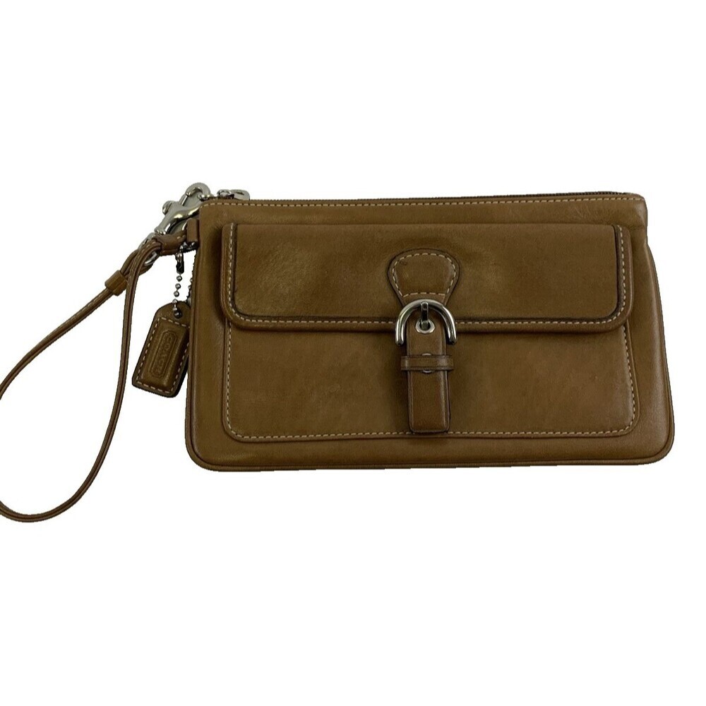 Coach Soho Leather Wristlet Buckle Flap Pocket Zip Saddle Tan Brown FS7156 Small